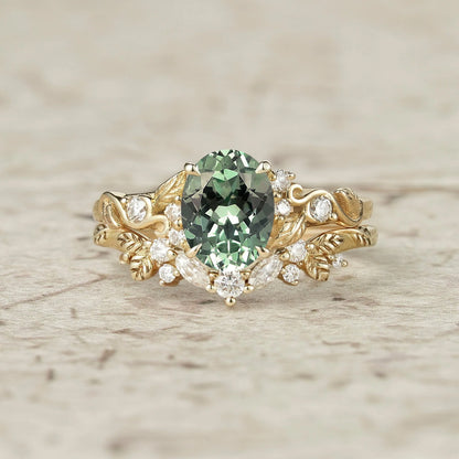 Nature Inspired Green Sapphire Bridal Set 2pcs-Aveline