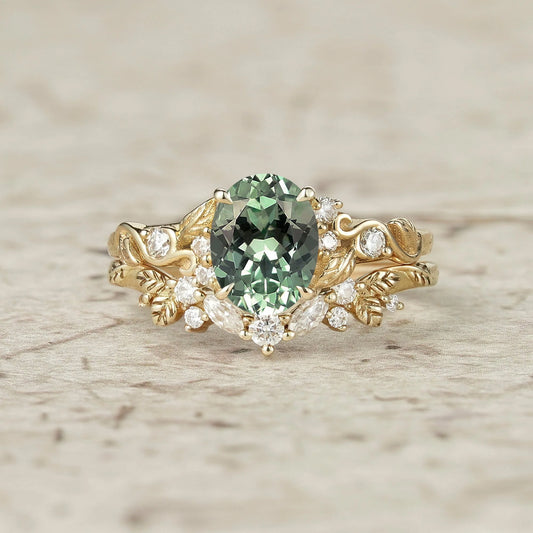 Nature Inspired Green Sapphire Bridal Set 2pcs-Aveline