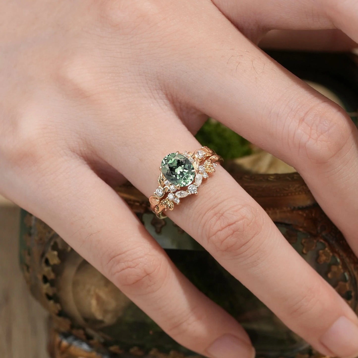 Nature Inspired Green Sapphire Bridal Set 2pcs-Aveline