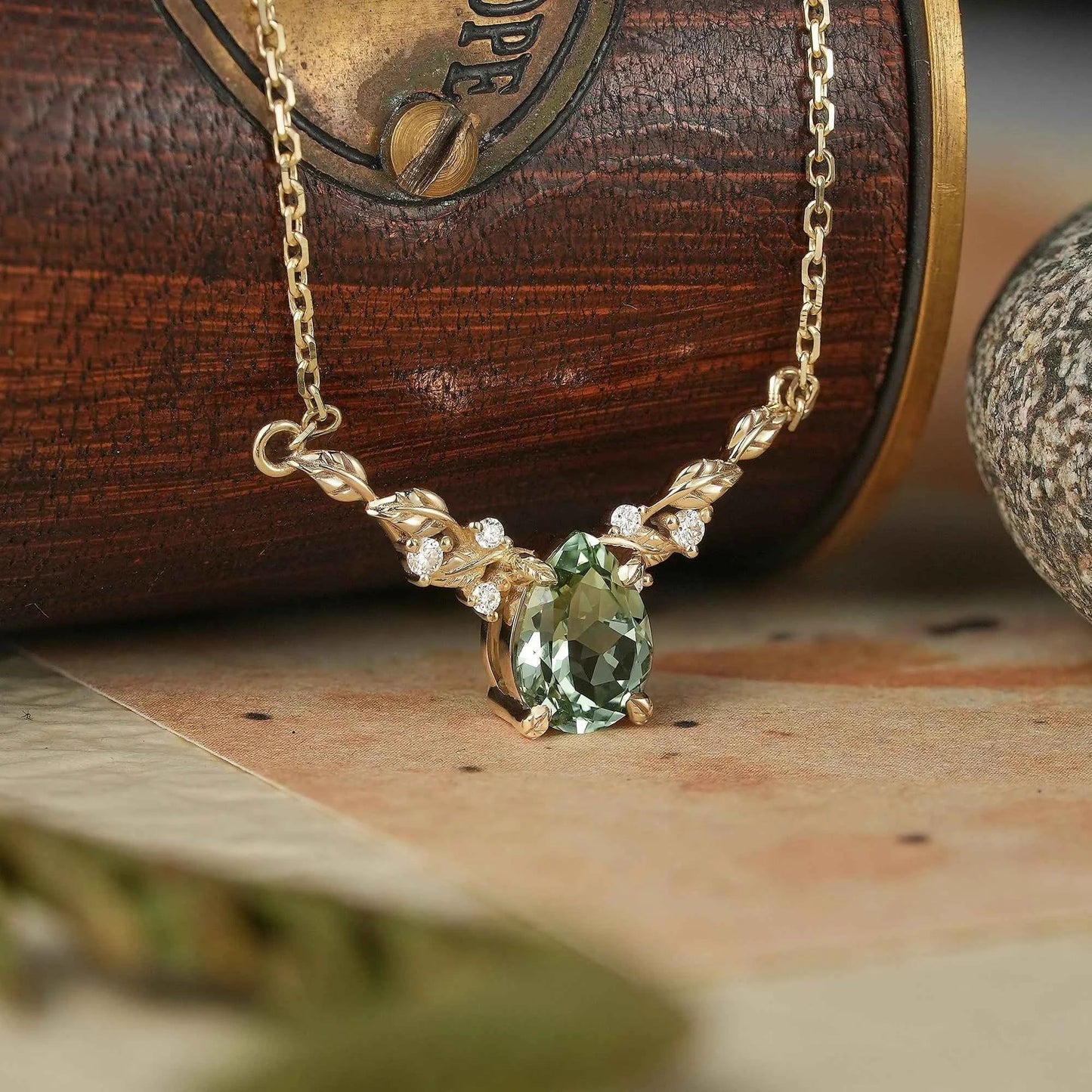 Nature Inspired Green Sapphire Leaf Necklace-Sable