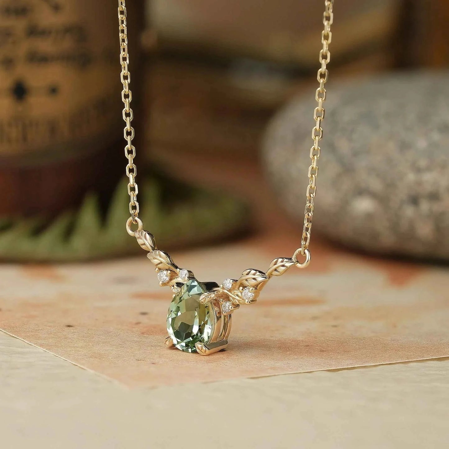 Nature Inspired Green Sapphire Leaf Necklace-Sable