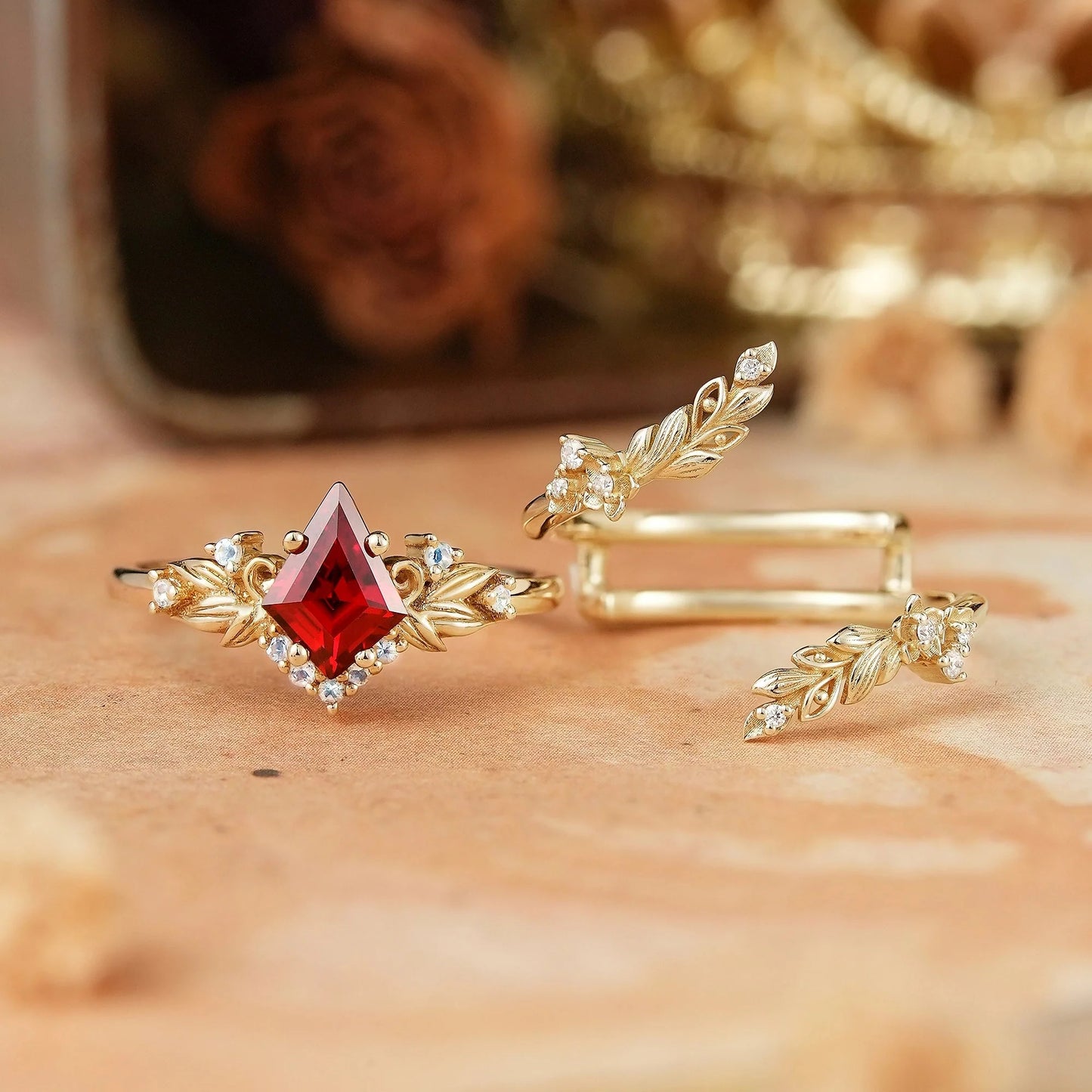 Nature Inspired Kite Cut Lab Ruby And Moonstone Enhancer Bridal Ring Set