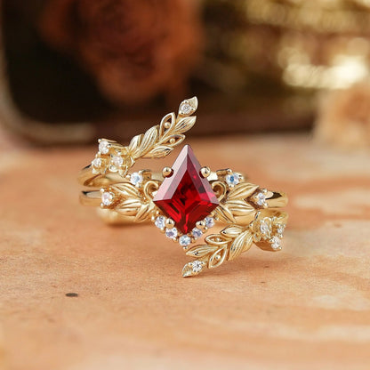 Nature Inspired Kite Cut Lab Ruby And Moonstone Enhancer Bridal Ring Set
