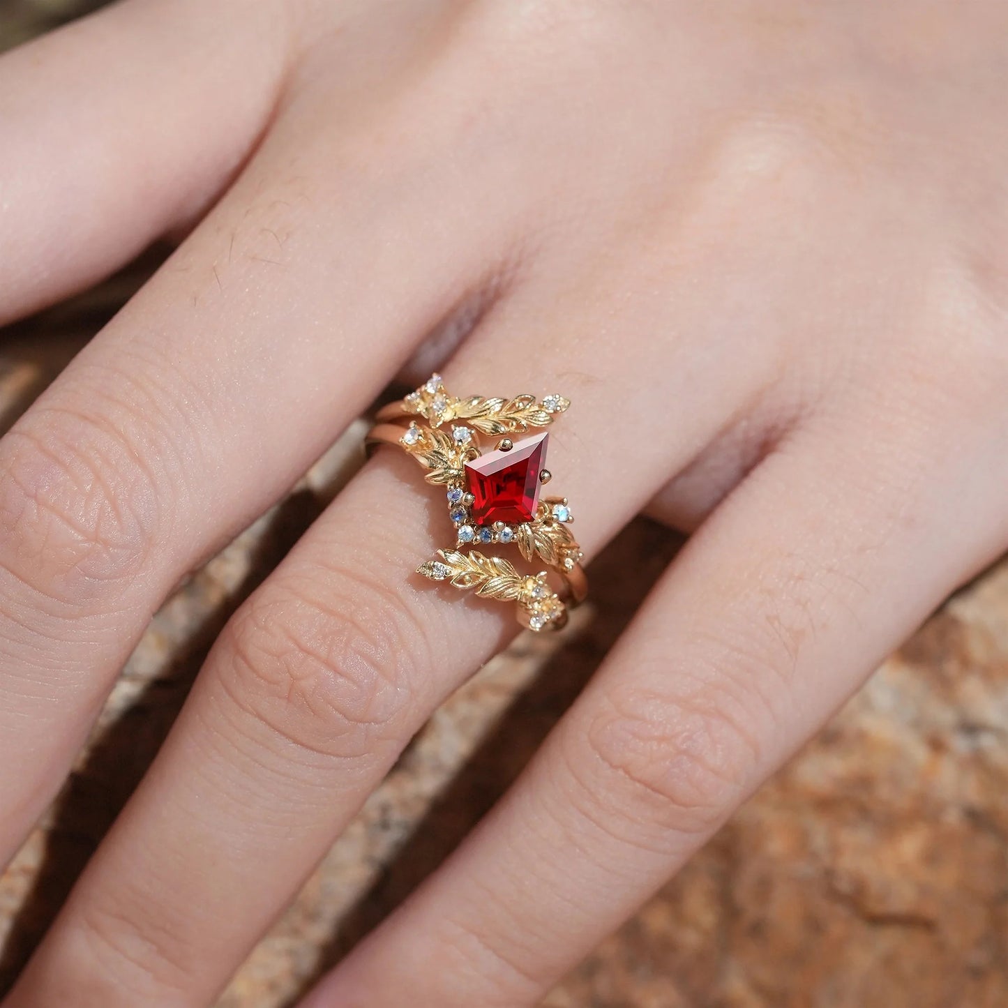 Nature Inspired Kite Cut Lab Ruby And Moonstone Enhancer Bridal Ring Set