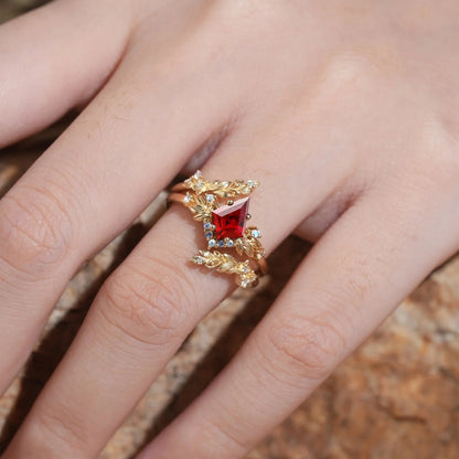Nature Inspired Kite Cut Lab Ruby And Moonstone Enhancer Bridal Ring Set