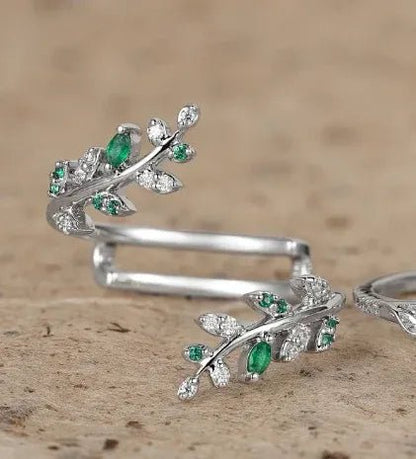 Nature inspired Moissanite and Emerald Enhancer Wedding Band - GemsMagic