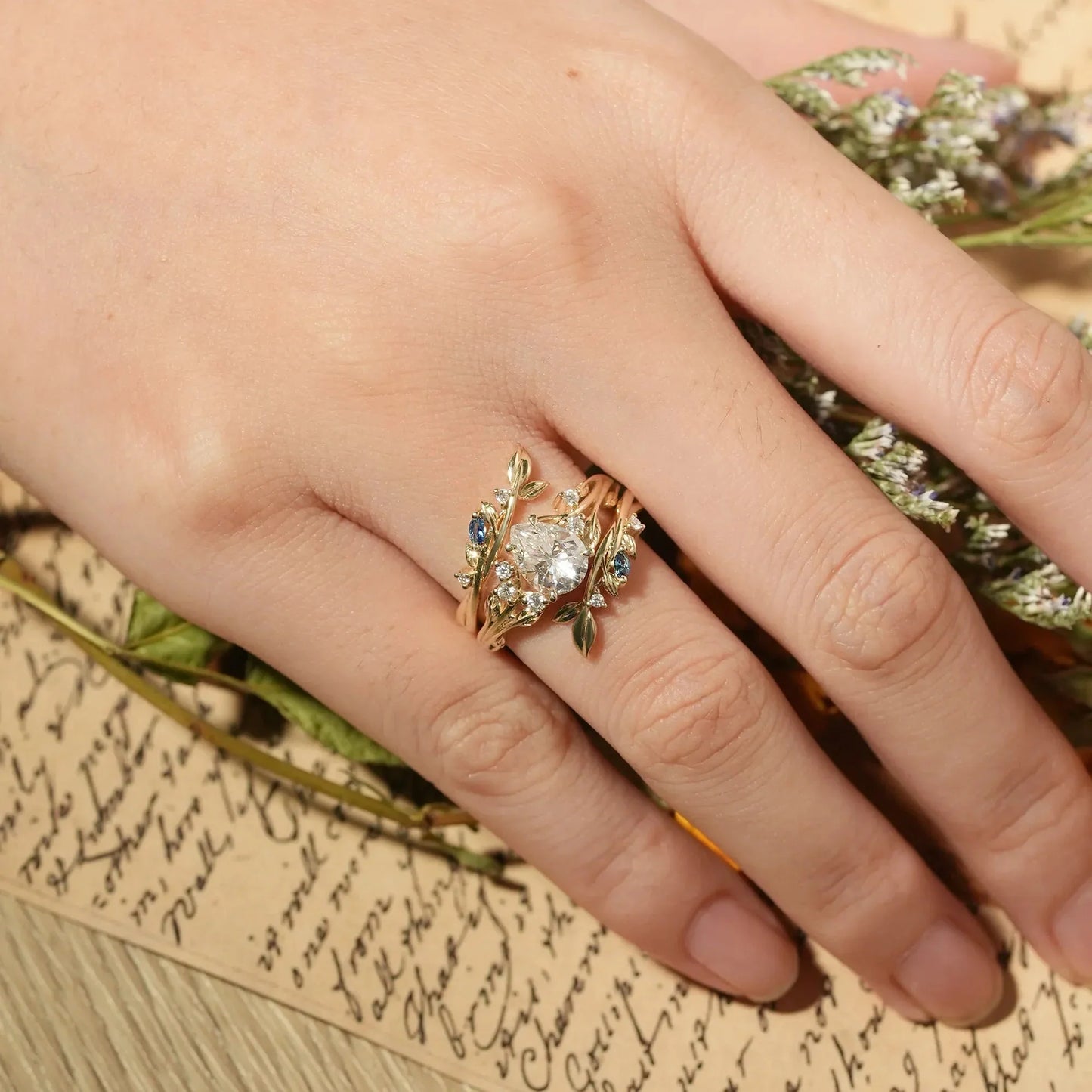 Nature Inspired- Moissanite Leaf Ring Set with Sapphire-Willow