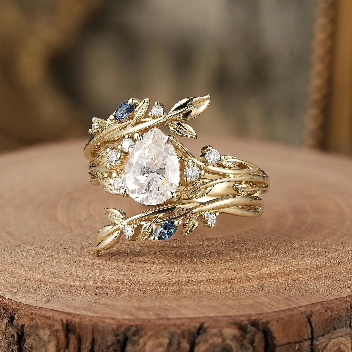Nature Inspired- Moissanite Leaf Ring Set with Sapphire-Willow
