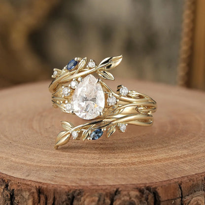 Nature Inspired- Moissanite Leaf Ring Set with Sapphire-Willow