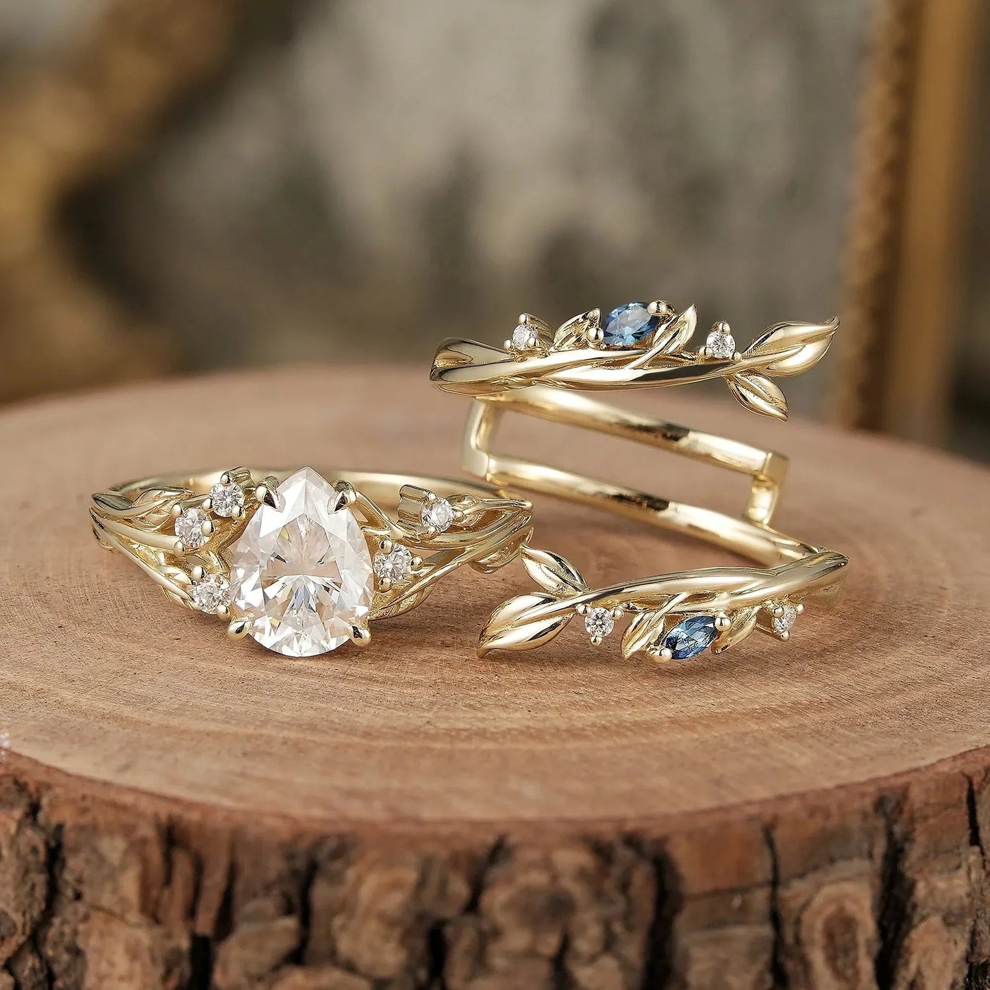 Nature Inspired- Moissanite Leaf Ring Set with Sapphire-Willow