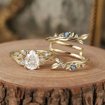 Nature Inspired- Moissanite Leaf Ring Set with Sapphire-Willow