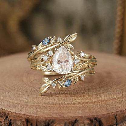 Nature Inspired- Moissanite Leaf Ring Set with Sapphire-Willow