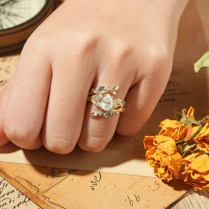 Nature Inspired- Moissanite Leaf Ring Set with Sapphire-Willow