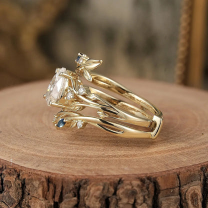 Nature Inspired- Moissanite Leaf Ring Set with Sapphire-Willow