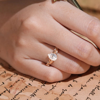 Nature Inspired Pear Cut Moissanite Elven Ring Moon Engagement Ring