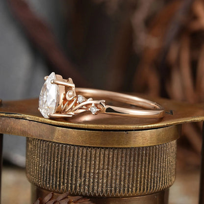 Nature Inspired Pear Cut Moissanite Elven Ring Moon Engagement Ring