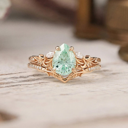 Nature Inspired Pear Shaped Green Sapphire Sparkle Cut Olive Leaf Bridal Ring Set 2pcs - GemsMagic