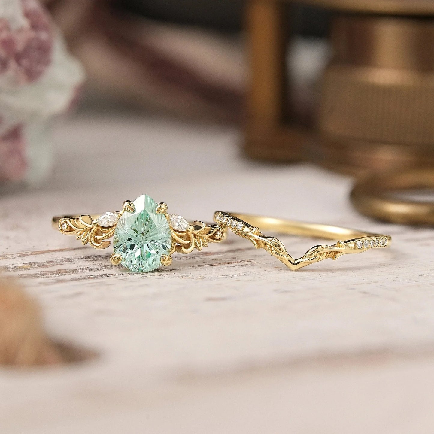 Nature Inspired Pear Shaped Green Sapphire Sparkle Cut Olive Leaf Bridal Ring Set 2pcs - GemsMagic