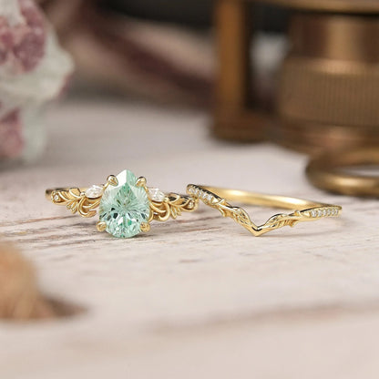 Nature Inspired Pear Shaped Green Sapphire Sparkle Cut Olive Leaf Bridal Ring Set 2pcs - GemsMagic