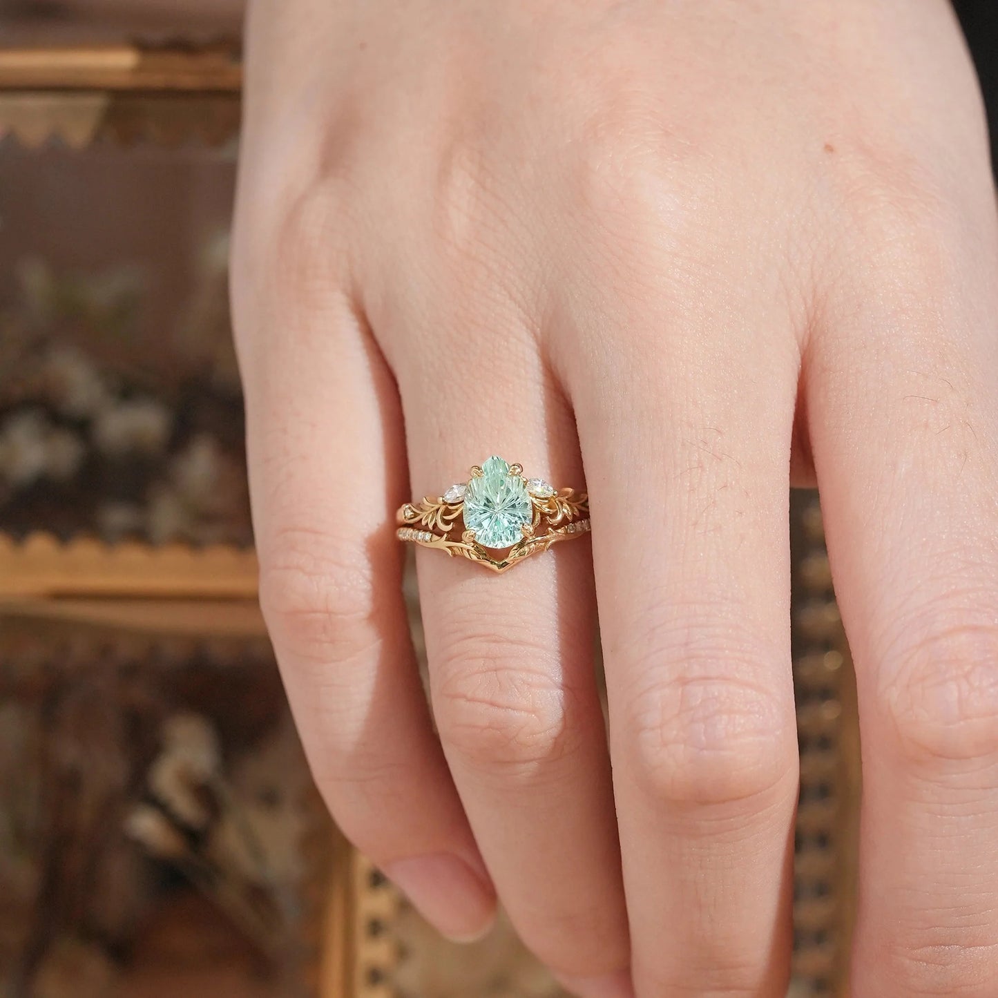 Nature Inspired Pear Shaped Green Sapphire Sparkle Cut Olive Leaf Bridal Ring Set 2pcs - GemsMagic