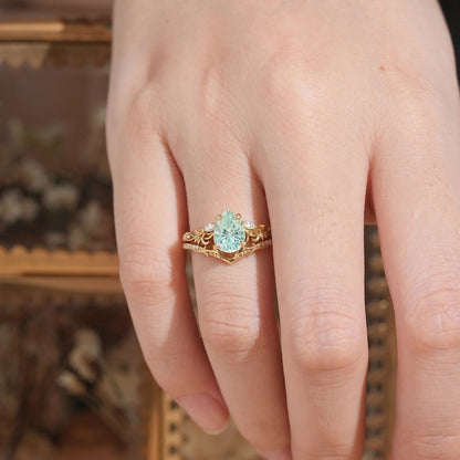 Nature Inspired Pear Shaped Green Sapphire Sparkle Cut Olive Leaf Bridal Ring Set 2pcs - GemsMagic
