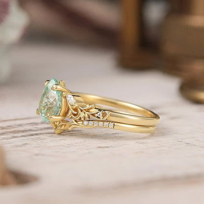 Nature Inspired Pear Shaped Green Sapphire Sparkle Cut Olive Leaf Bridal Ring Set 2pcs - GemsMagic