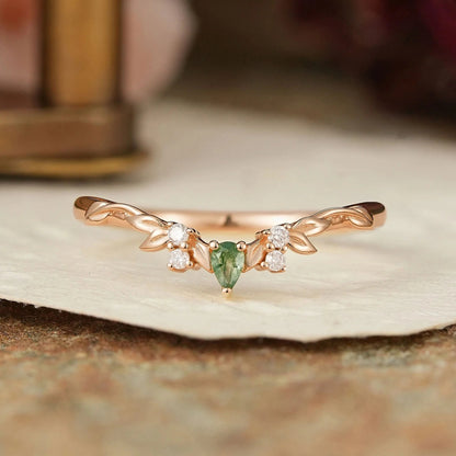 Nature Inspired Pear Shaped Moss Agate Curved Wedding Band - GemsMagic