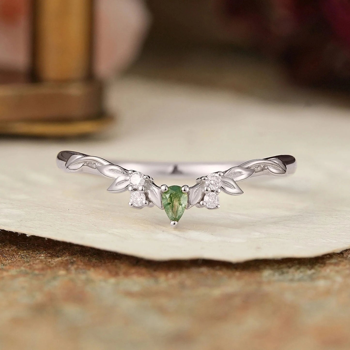 Nature Inspired Pear Shaped Moss Agate Curved Wedding Band - GemsMagic