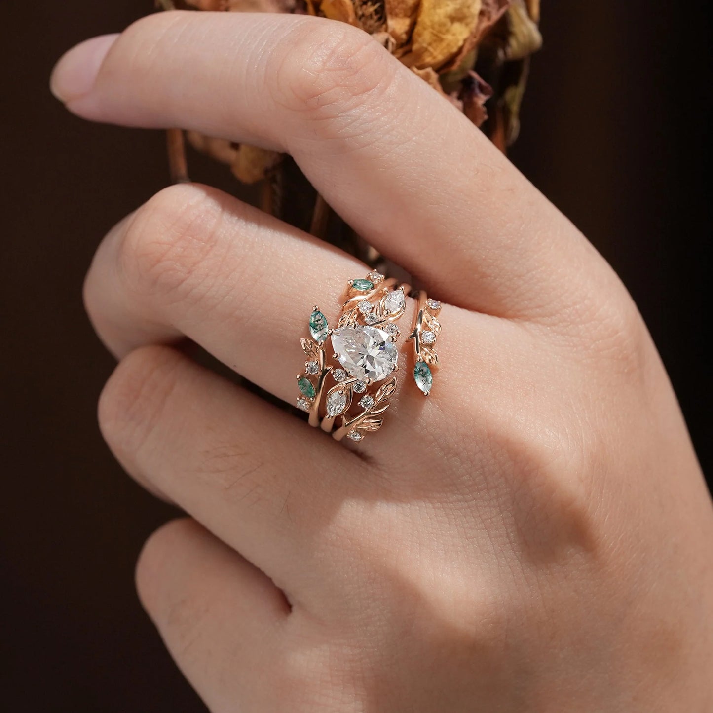 Nature Leaf Inspired Moissanite Enhancer Ring Set-Seraphine