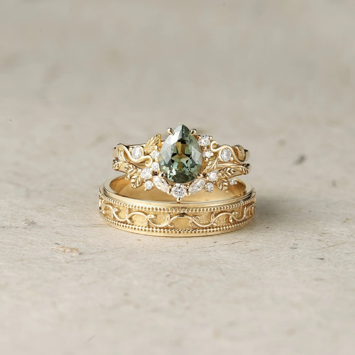 Nature's Embrace: Green Sapphire Leaf Couple Rings - Forever United