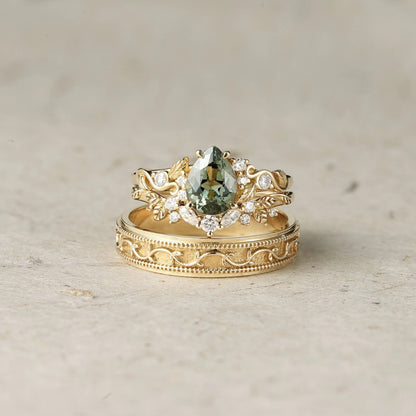Nature's Embrace: Green Sapphire Leaf Couple Rings - Forever United