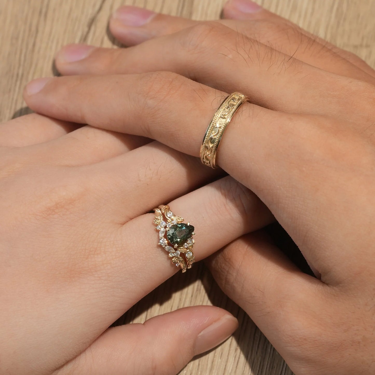 Nature's Embrace: Green Sapphire Leaf Couple Rings - Forever United
