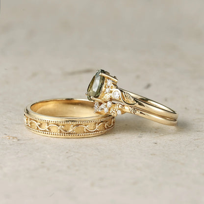 Nature's Embrace: Green Sapphire Leaf Couple Rings - Forever United