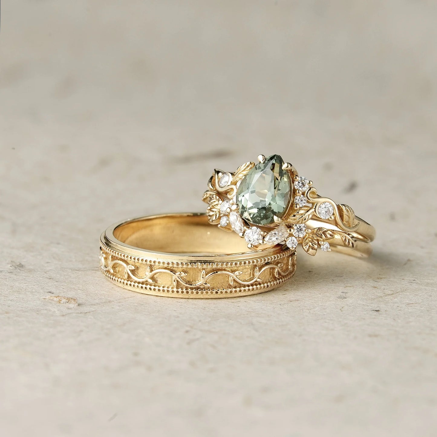 Nature's Embrace: Green Sapphire Leaf Couple Rings - Forever United