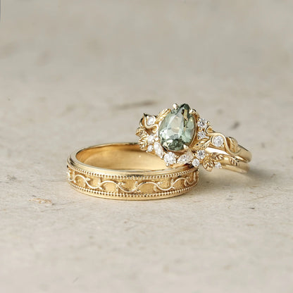 Nature's Embrace: Green Sapphire Leaf Couple Rings - Forever United