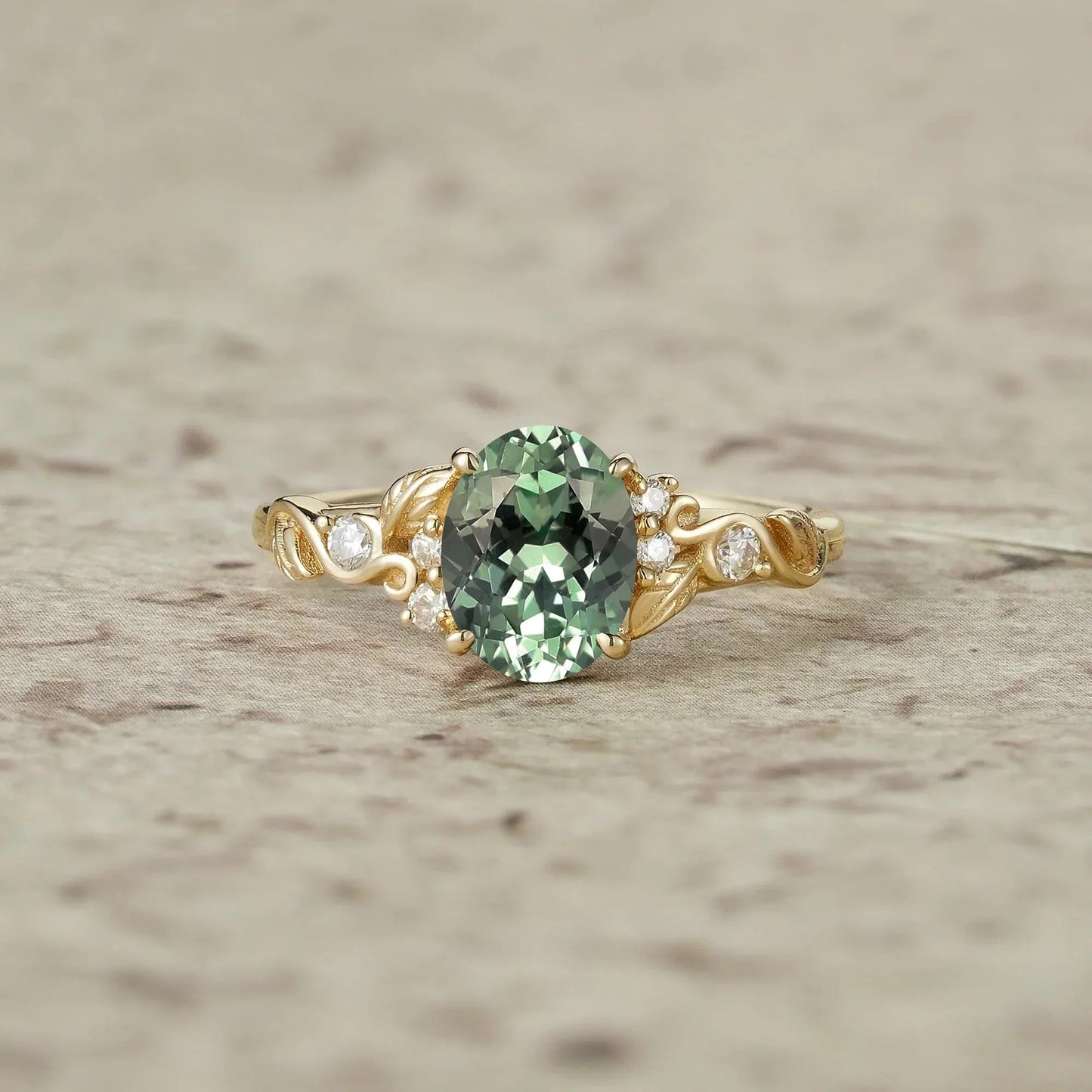 Nature's Embrace: Oval Cut Green Sapphire Leaf Ring - Lila