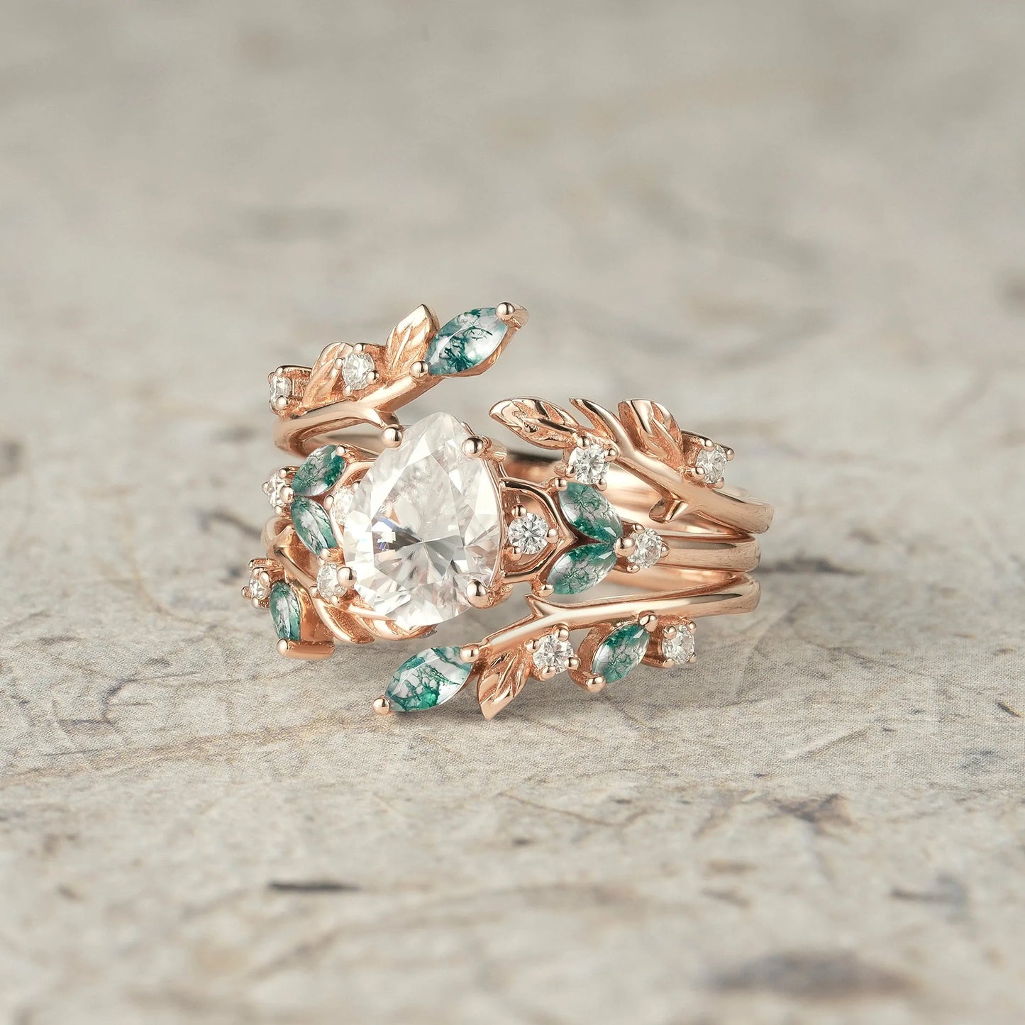 Nesting Design Moissanite & Moss Agate Ring Set 2pcs-Vespera