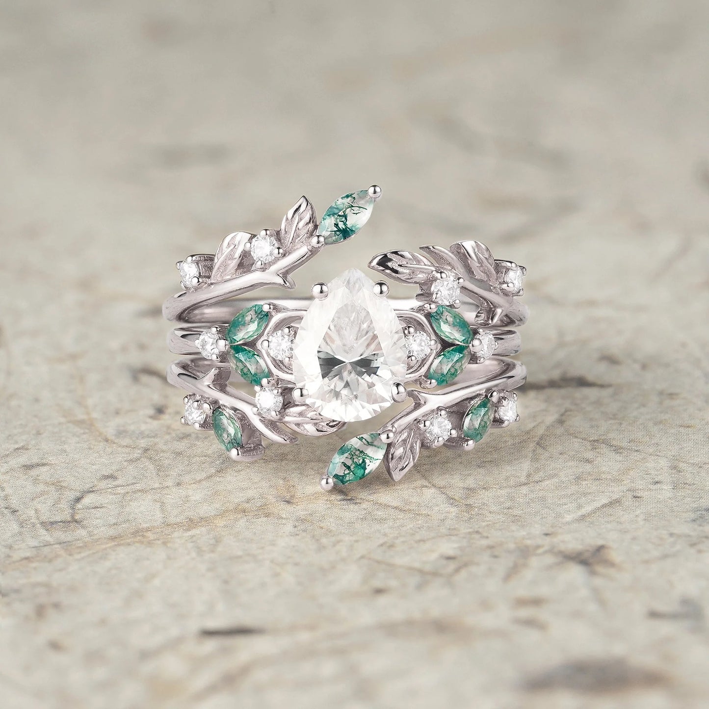 Nesting Design Moissanite & Moss Agate Ring Set 2pcs-Vespera