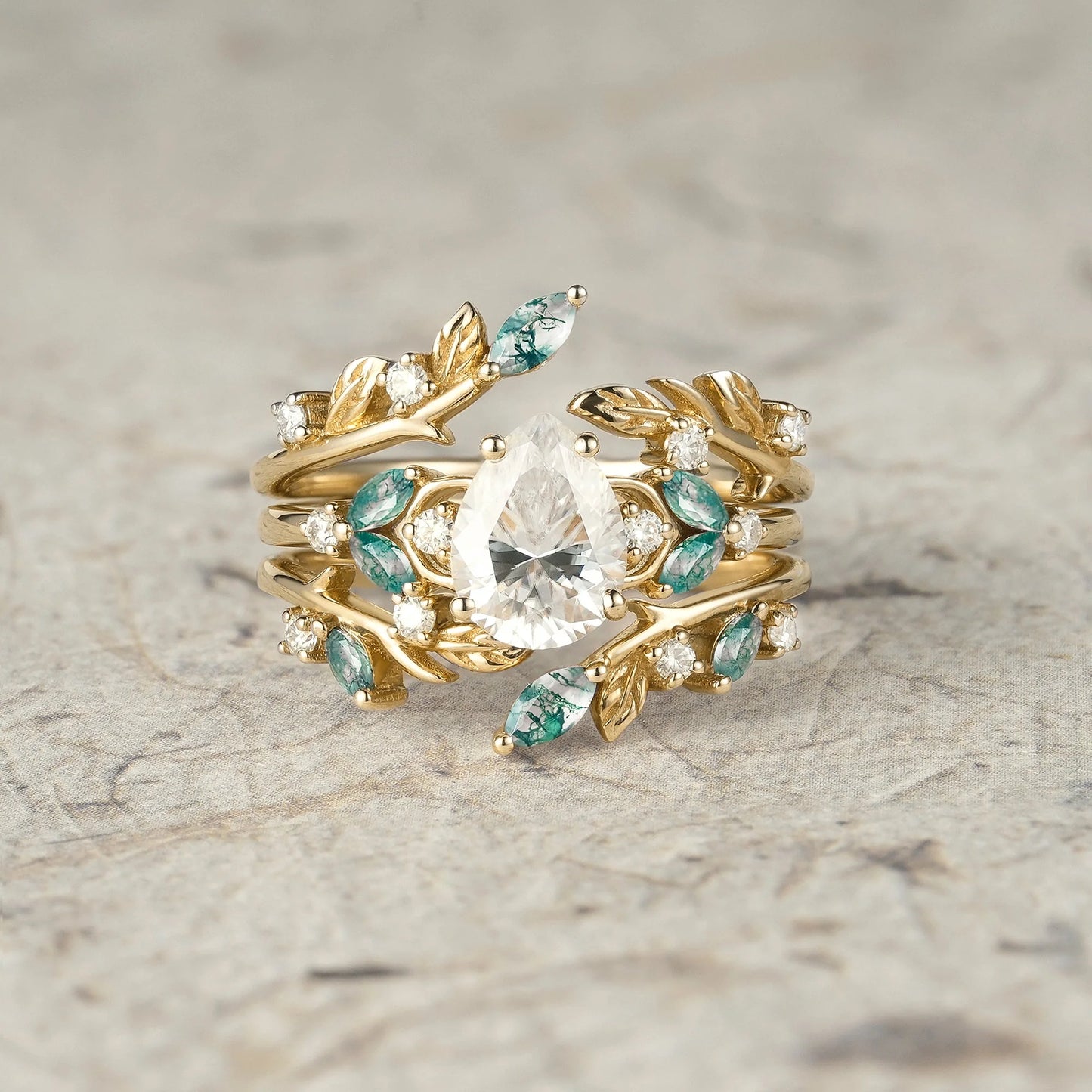 Nesting Design Moissanite & Moss Agate Ring Set 2pcs-Vespera