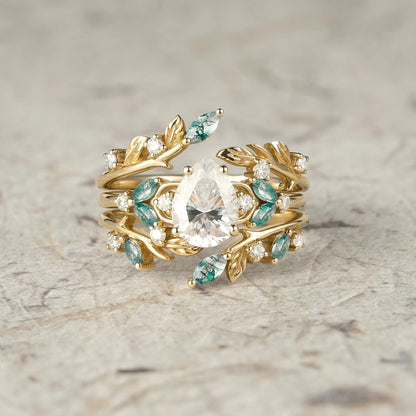 Nesting Design Moissanite & Moss Agate Ring Set 2pcs-Vespera