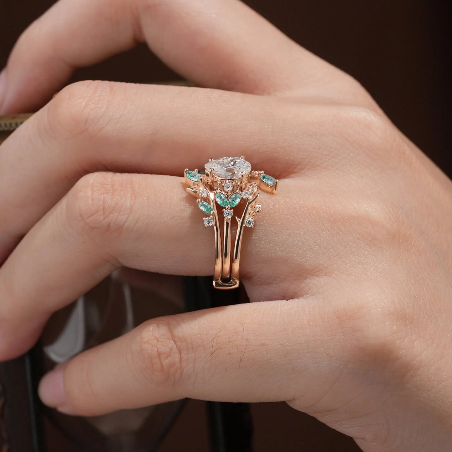 Nesting Design Moissanite & Moss Agate Ring Set 2pcs-Vespera