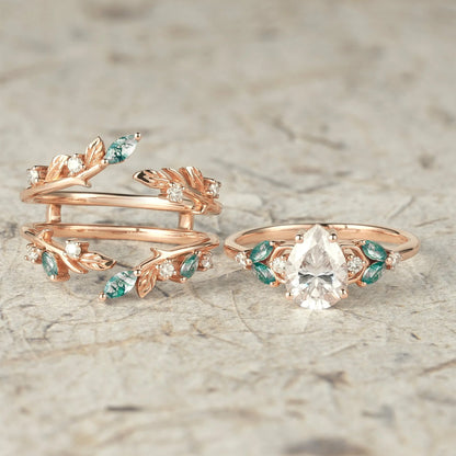 Nesting Design Moissanite & Moss Agate Ring Set 2pcs-Vespera