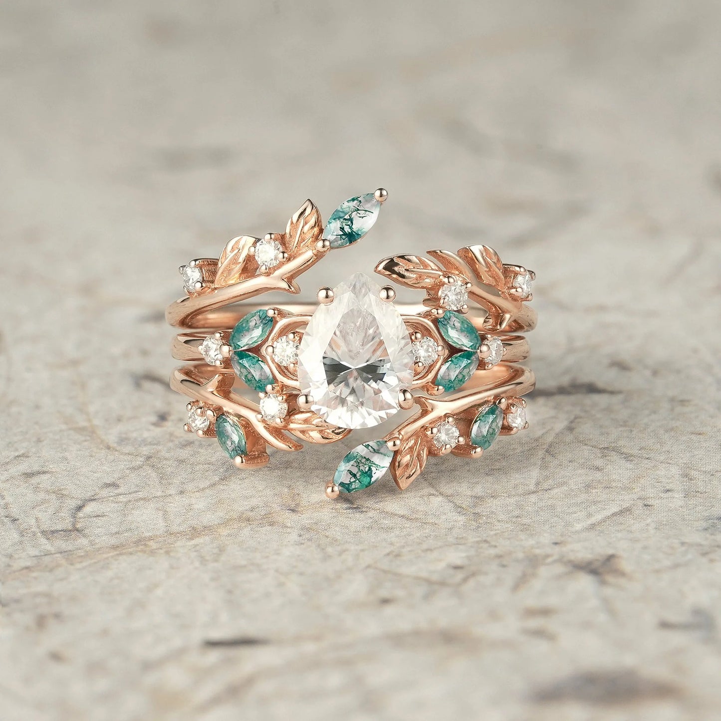 Nesting Design Moissanite & Moss Agate Ring Set 2pcs-Vespera