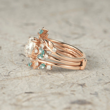 Nesting Design Moissanite & Moss Agate Ring Set 2pcs-Vespera