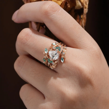 Nesting Design Moissanite & Moss Agate Ring Set 2pcs-Vespera