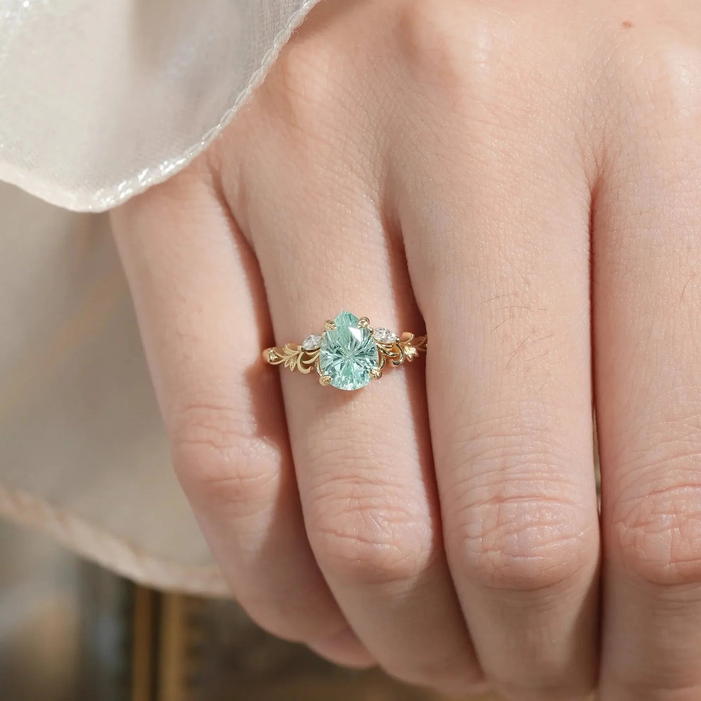 Olive Branch Inspired Sparkle Cut Green Sapphire Engagement Ring - Rene