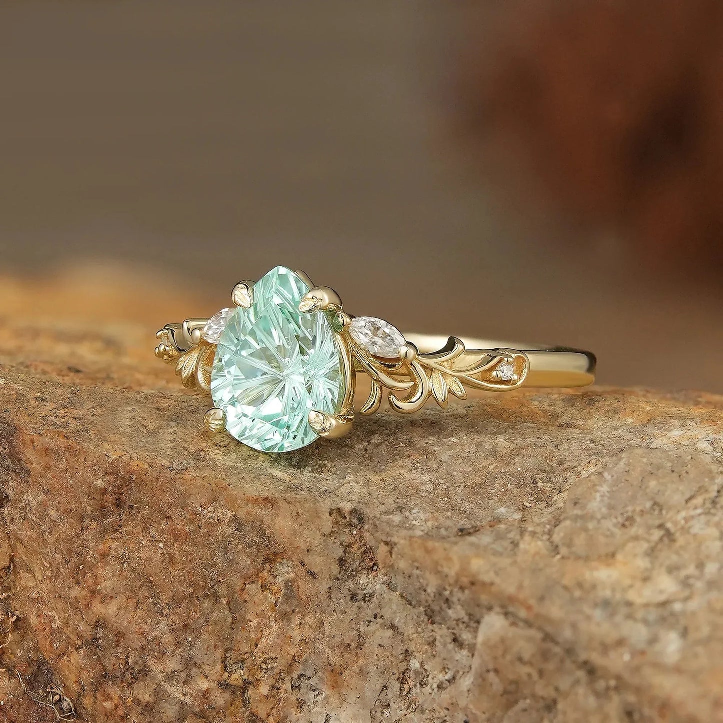 Olive Branch Inspired Sparkle Cut Green Sapphire Engagement Ring - Rene