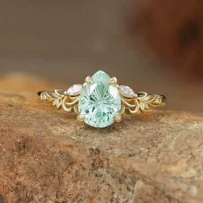 Olive Branch Inspired Sparkle Cut Green Sapphire Engagement Ring - Rene
