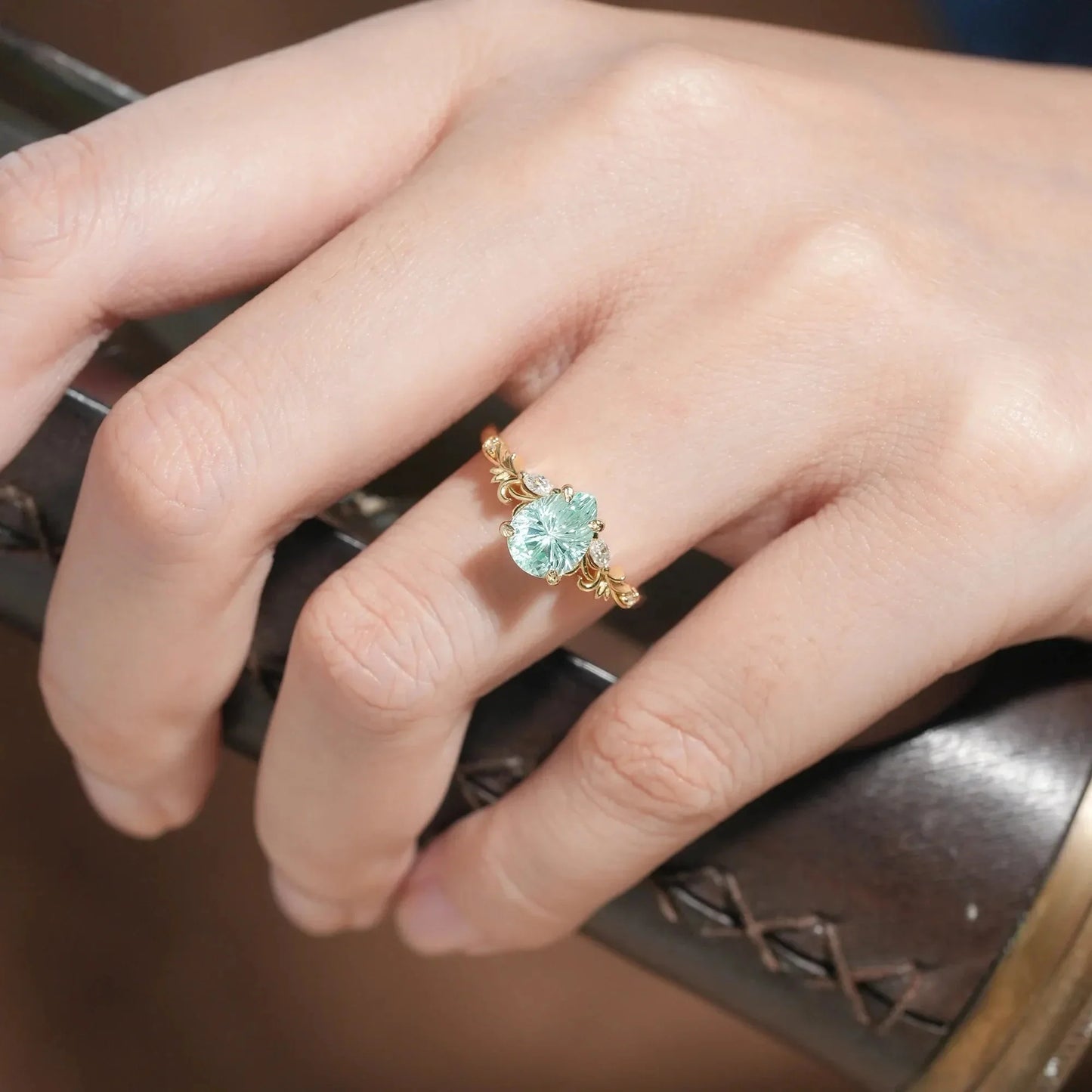 Olive Branch Inspired Sparkle Cut Green Sapphire Engagement Ring - Rene