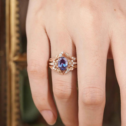 Oval Alexandrite Rose Design Moissanite Ring Set - Maris